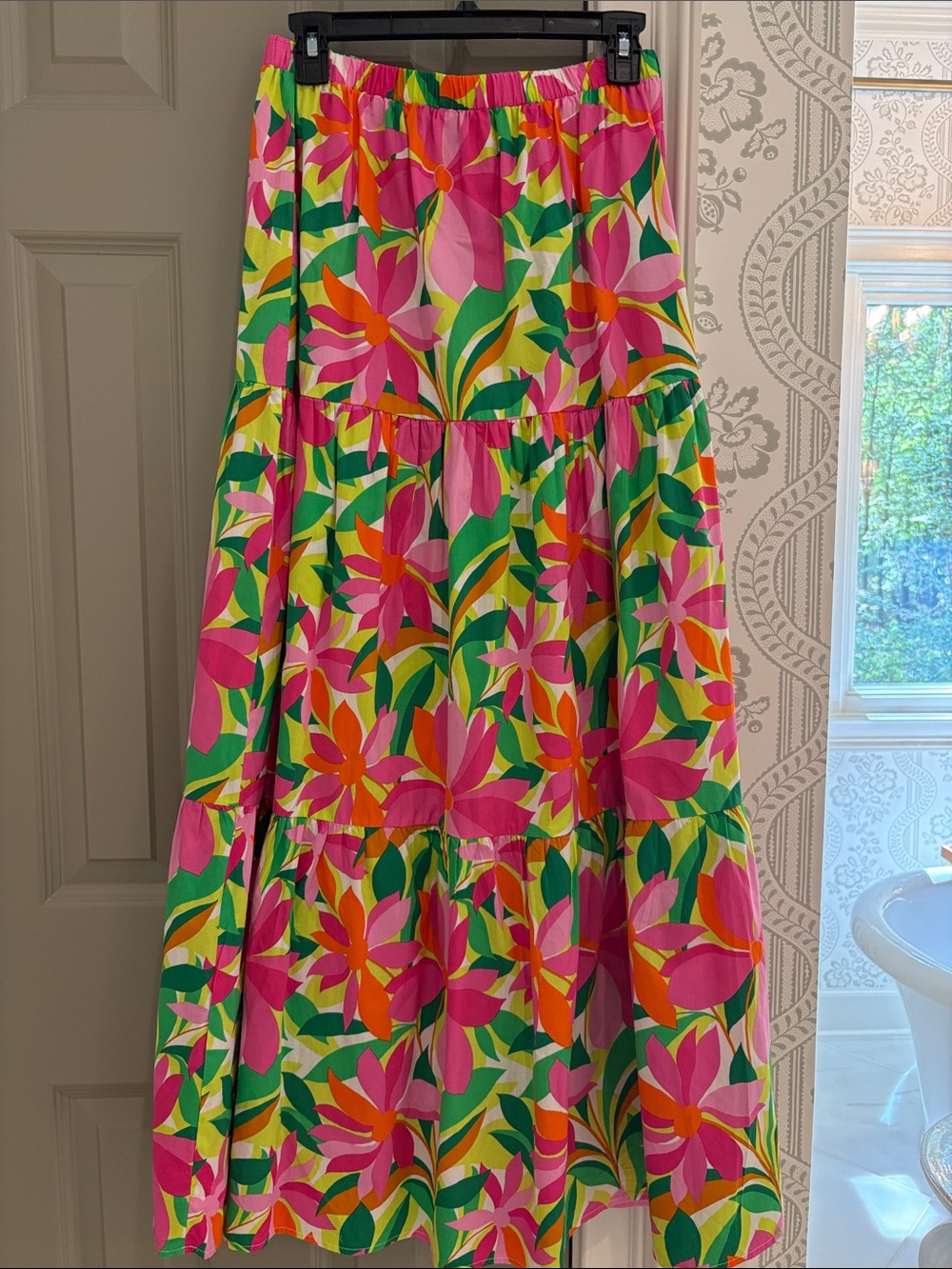 Vibrant Pink Floral Tiered Maxi Skirt